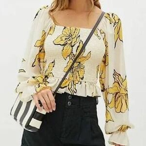 Hutch Anthropologie Floral Puff Sleeved Blouse XL Square Neck Crop Smocked Sheer